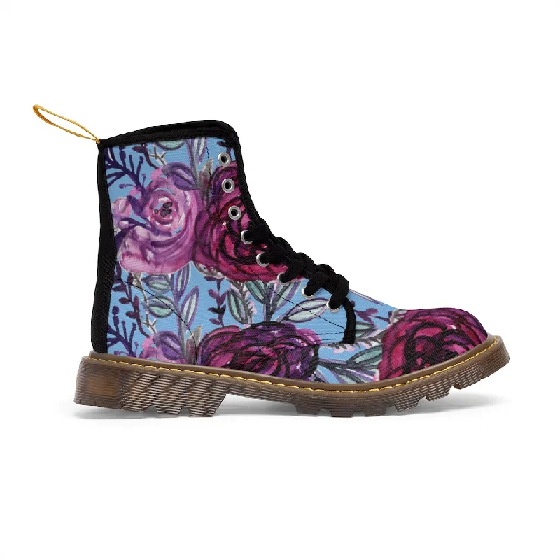 best boots for hiking trails-Blue Purple Floral Women's Boots, Vintage Style Designer Flower Print Hiking Boots For Ladies