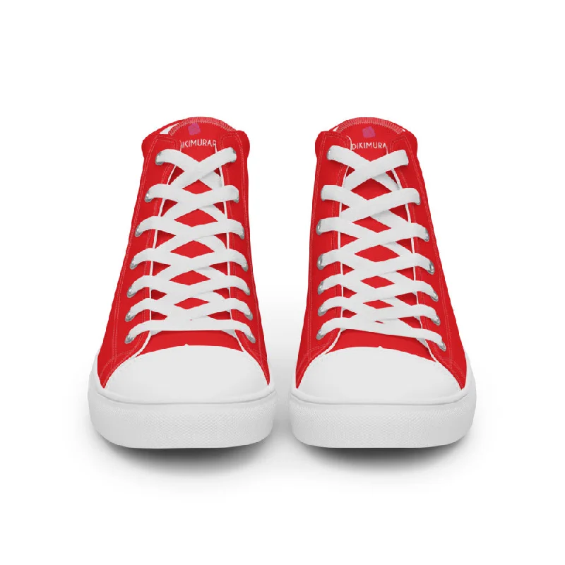 fast athletic shoes cheap shipping-Bright Red Men's High Tops, Solid Red Color Men’s High Top Sneakers Canvas Tennis Shoes With White Laces and Faux Leather Toe Caps (US Size: 5-13)