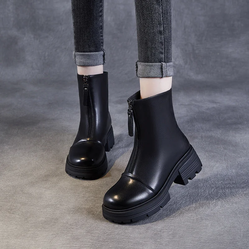 boots with waterproof technology-Women Minimalism Leather Front Zipper Casual Boots