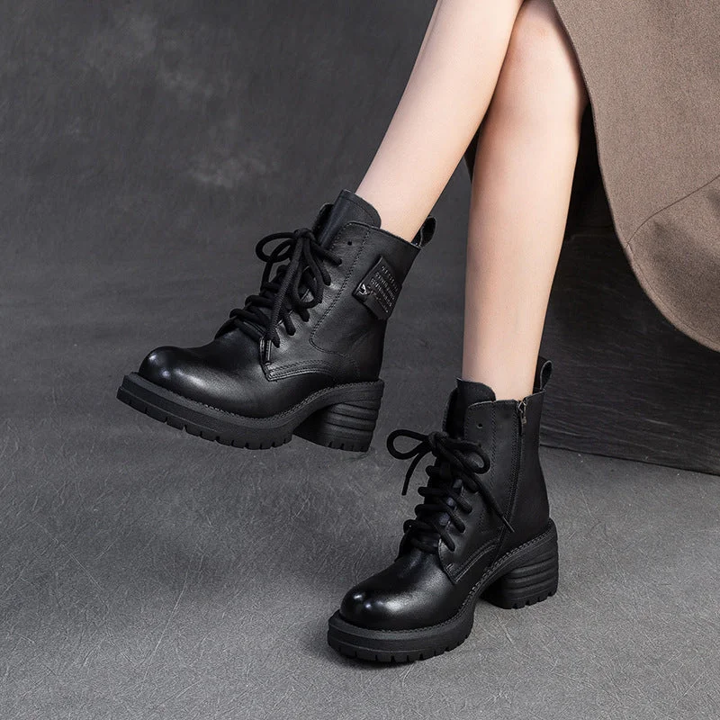 soft faux leather boots-Women Retro Quilted Leather Chunky Heel Boots