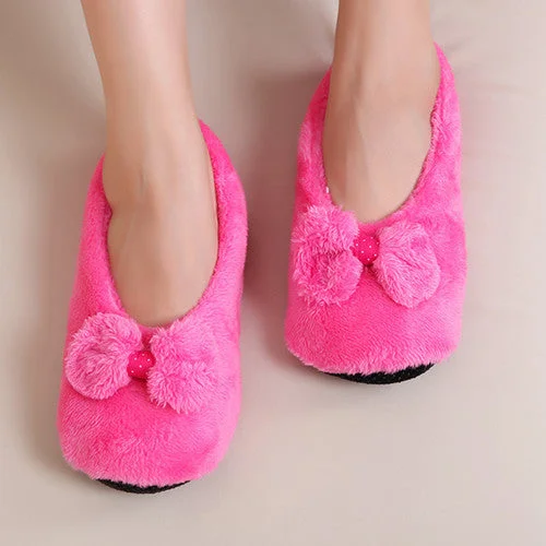 Slippers with firm soles-BowKnot Warm Soft Sole Women Indoor Floor Slippers/Shoes Bow Tie Flannel Home Slippers