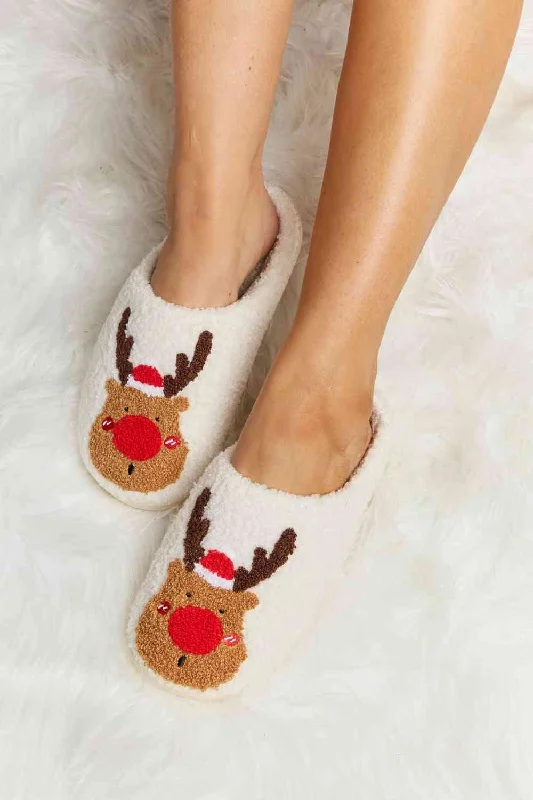 Slippers with fun soles-Melody Rudolph Print Plush Slide Slippers