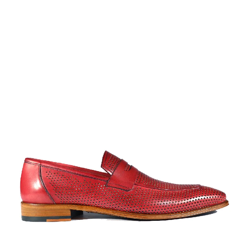 loafers for stylish casual use-Mezlan S20296 Men's Shoes Burgundy Perforated Leather Classic Penny Loafers (MZS3482)