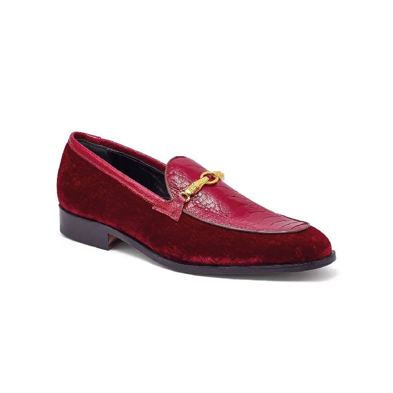 loafers for stylish office outfit-Mauri 4932 Baron Men's Shoes Ruby Red Velvet Print / Ostrich Leg Horsebit Loafers (MA5300)