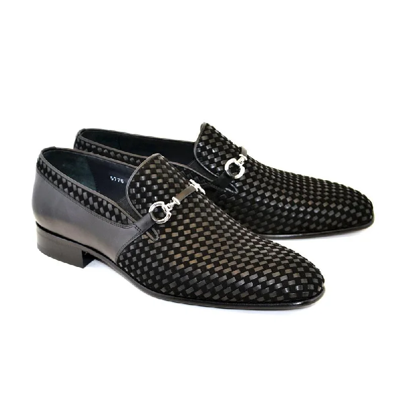 loafers for casual day events-Corrente C0220-5776 Men's Shoes Black Woven / Suede / Calf-Skin Leather Horsebit Loafers (CRT1216)