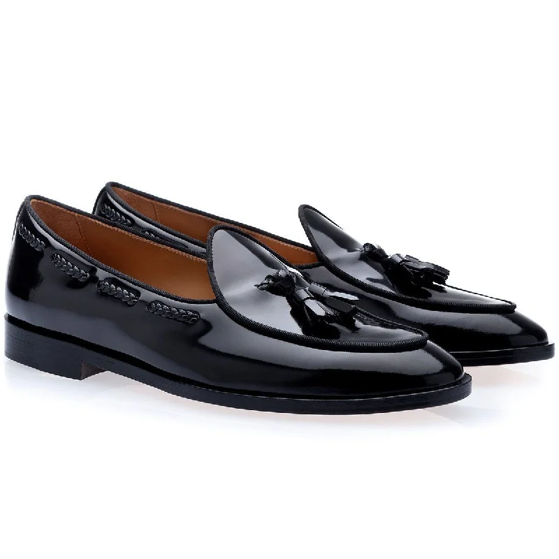 loafers for special evening events-SUPERGLAMOUROUS Tangerine 8 Brushed Men's Shoes Black Polished Leather Belgian Loafers (SPGM1152)