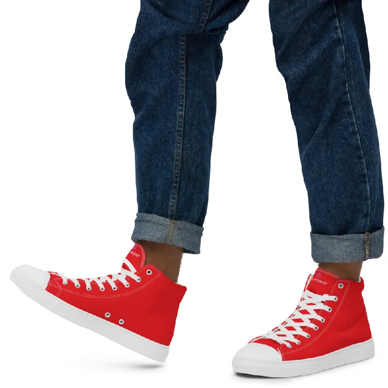 athletic shoes for casual runs-Bright Red Men's High Tops, Solid Red Color Men’s High Top Sneakers Canvas Tennis Shoes With White Laces and Faux Leather Toe Caps (US Size: 5-13)