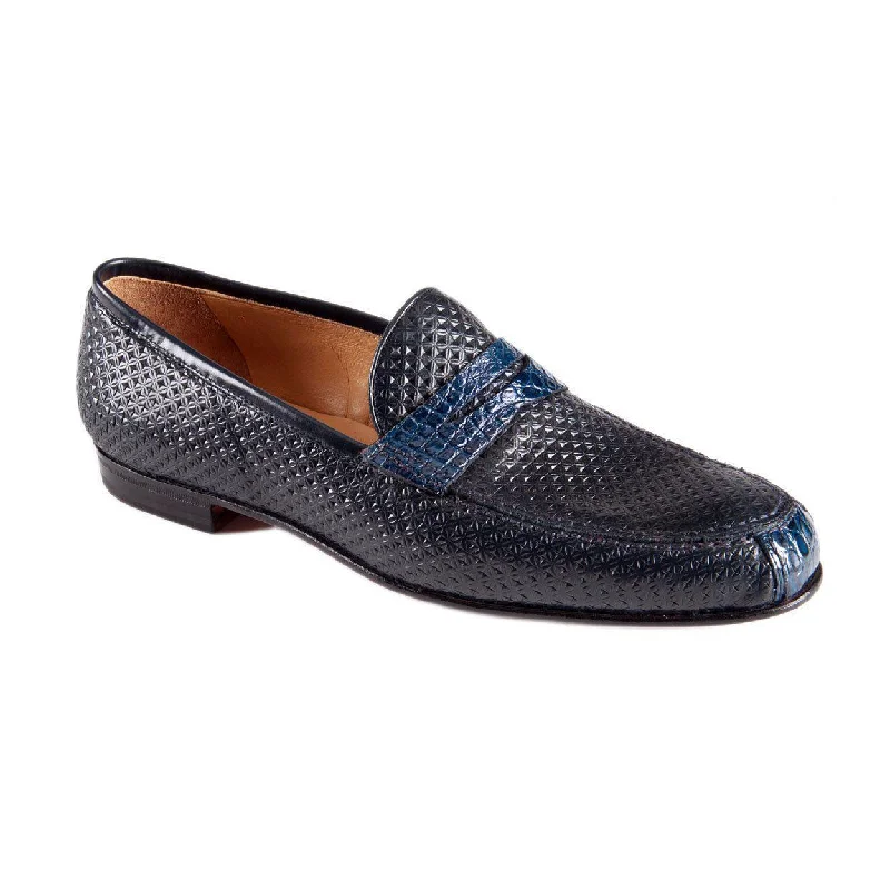 loafers with trendy styling for work-Mauri Men's Designer Shoes Blue Navy Exotic Crocodile / Texture Print Calf-Skin Leather Penny Loafers 4893 (MAO1032)