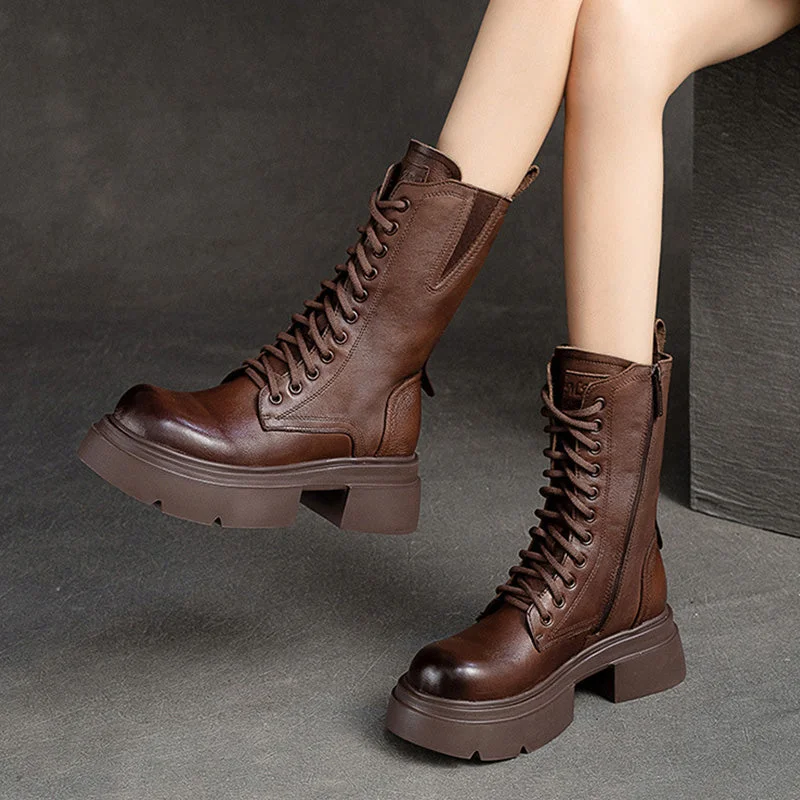 boots for the winter season-Women Retro Classic Leather Platform Mid-Calf Boots