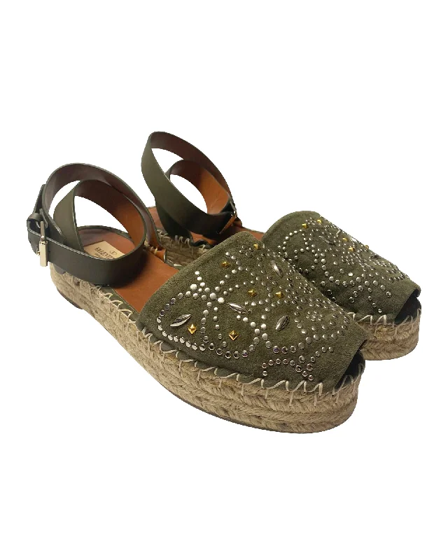 Valentino Garavani Embellished Espadrilles in Khaki Suede