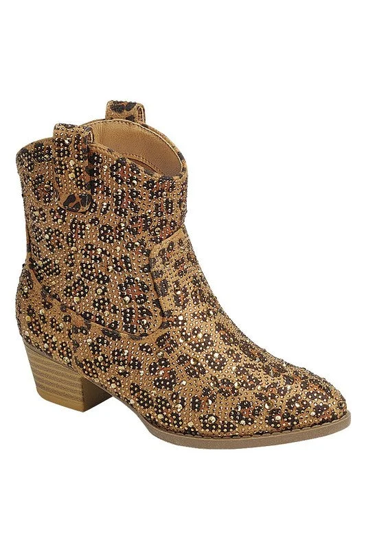 fashionable boots for all weather-Leopard Rhinestone Boots- Short Western