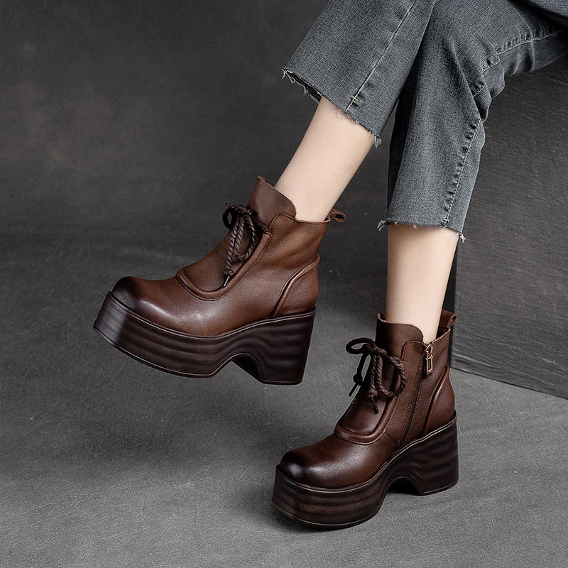 boots with extra support-Women Autumn Retro Leather Chunky Platform Boots