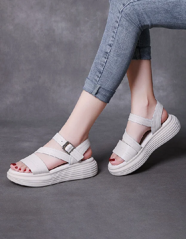 Thick Heel Cut-out Retro White Sandals