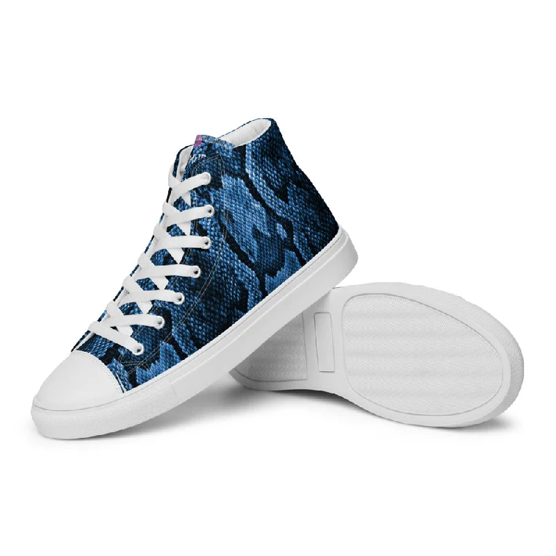 adjustable athletic shoes custom-Blue Snake Print Men's Sneakers, Modern Python Stylish Snake Print Designer Men's High Top Tennis Shoes (US Size: 5-13)