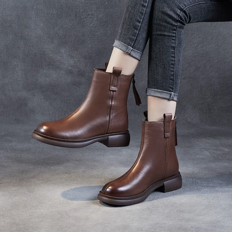 cowboy boots with decorative stitching-Women Minimalist Retro Soft Leather Casual Boots