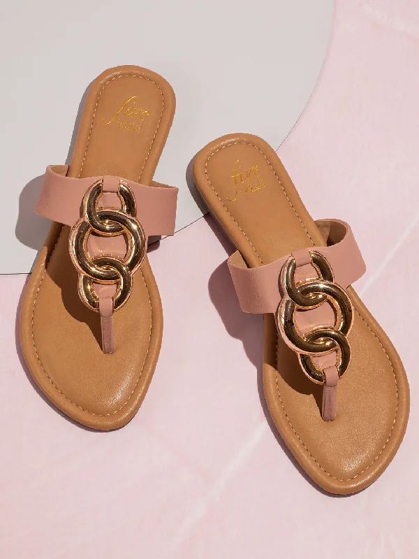 chic flats metallic-Flats for dressesWomen Peach And Gold-Toned T-Strap Flats With Buckles