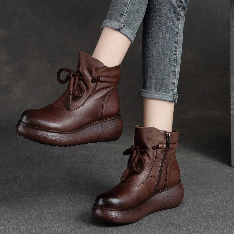 boots for rainy days-Women Retro Leather Minimalist Chunky Platform Boots