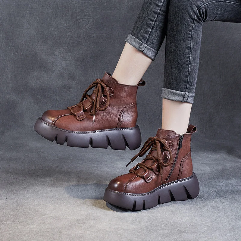 comfortable winter boots for casual use-Women Retro Minimalist Leather Platform Boots