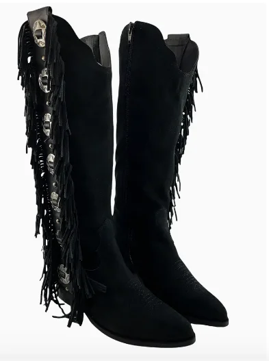 snowproof boots for hiking-Rodeo Doll Fringe Boots in Black