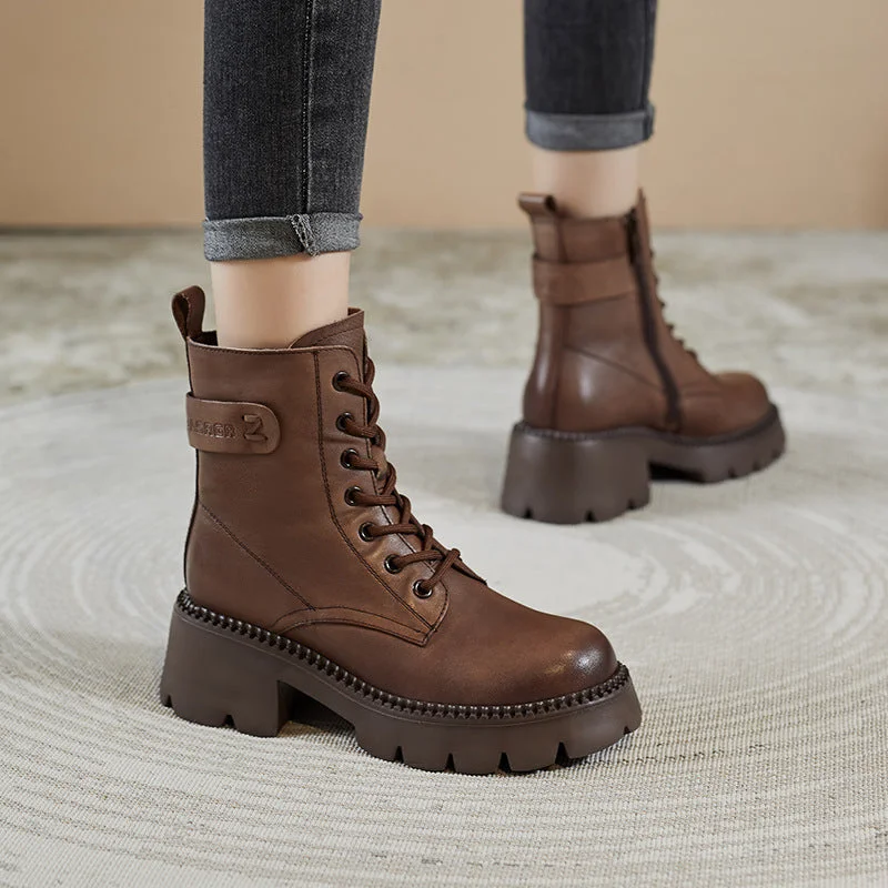 slip-resistant boots for work-Women Retro Soft Leather Chunky Heel Boots