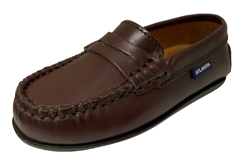 loafers for comfortable daily wear-Atlanta Mocassin Boy's and Girl's Smooth Leather Penny Loafers, Brown Sierra Antik