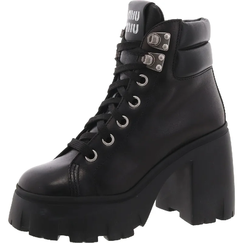 faux fur boots for women-Miu Miu Womens Leather Chunky Combat & Lace-Up Boots