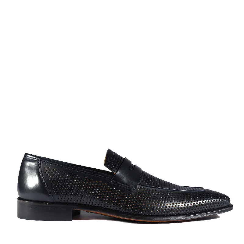 loafers for stylish work attire-Mezlan S20296 Men's Shoes Navy Perforated Leather Classic Penny Loafers (MZS3481)