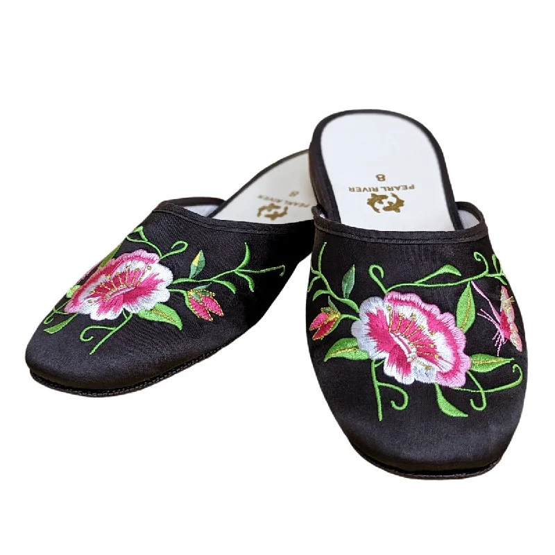 Slippers in deep teal-Butterfly Peony Embroidery Satin Slippers