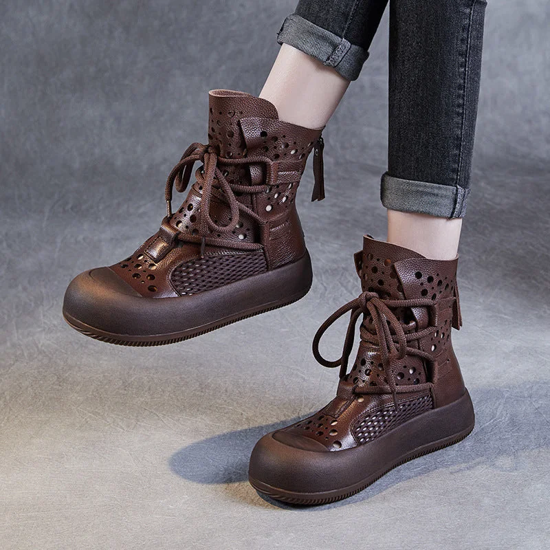 boots for long-lasting warmth-Women Retro Hollow Breathable Flat Summer Boots