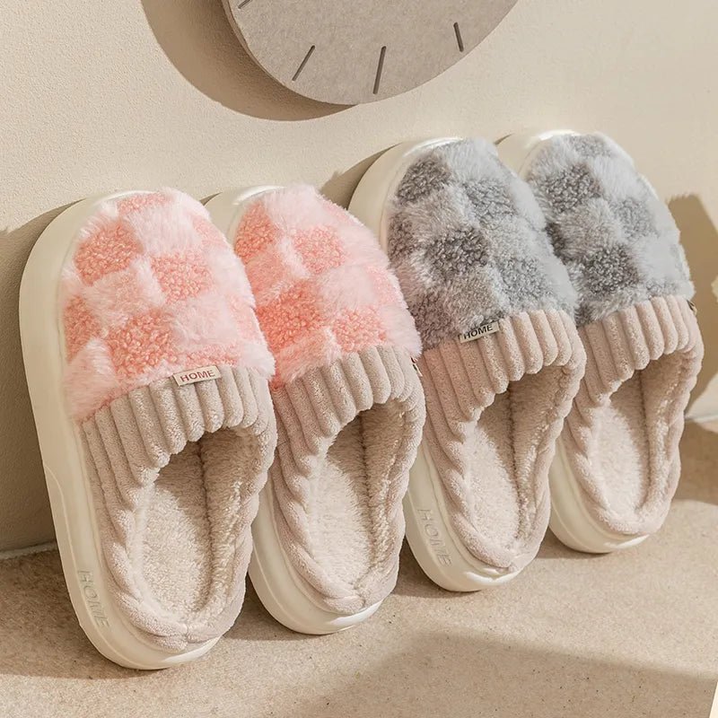 Slippers with soft soles-Fashion Couple Winter Toe Wrap Warm Plaid Cotton Slippers Thick Soft Sole Slides Men Women Indoor Floor Flat Home Non-slip Shoes