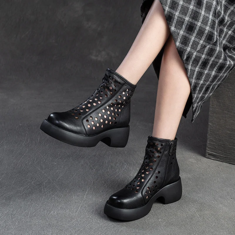 boots with extra soft insole-Women Minimalist Hollow Leather Chunky Platform Boots