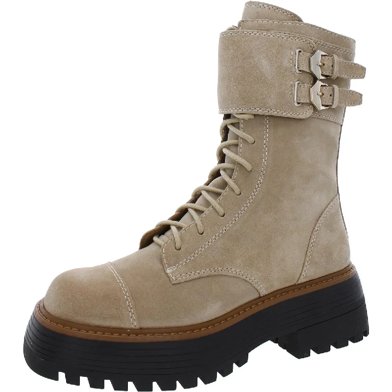 comfortable boots for rain-Vince Camuto Womens Monchia Buckle Block Heels Combat & Lace-up Boots