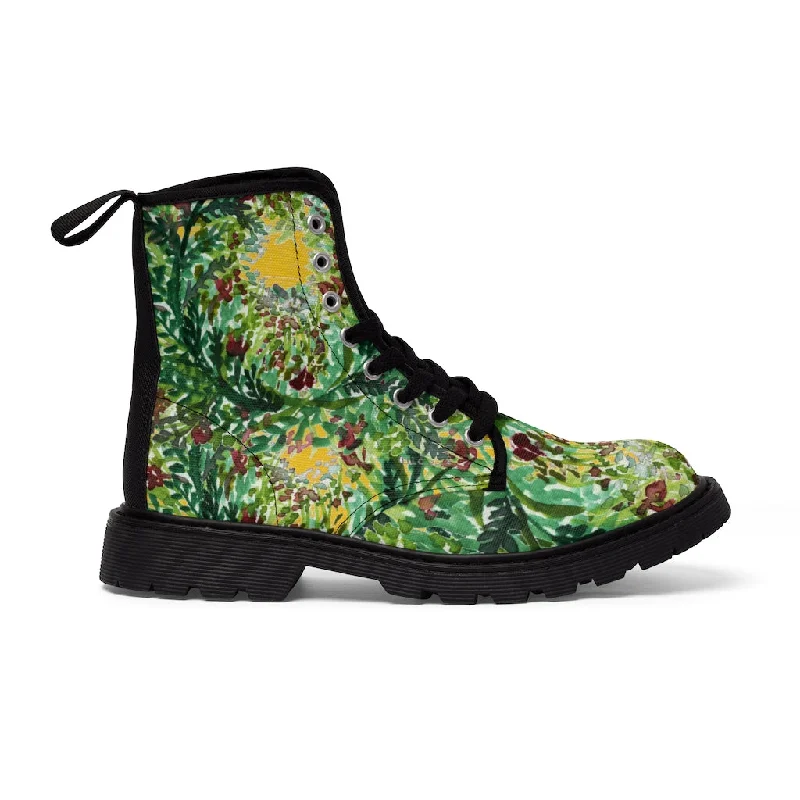 boots with extra warmth for winter-Yellow Green Floral Women's Boots, Cute Elegant Flower Printed Combat Hiking Boots For Ladies