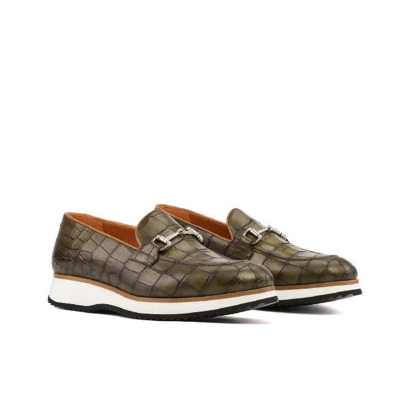 loafers with padded footbed for all-day wear-Ambrogio Bespoke Men's Shoes Olive Crocodile Print Leather Horsebit Loafers (AMB2273)