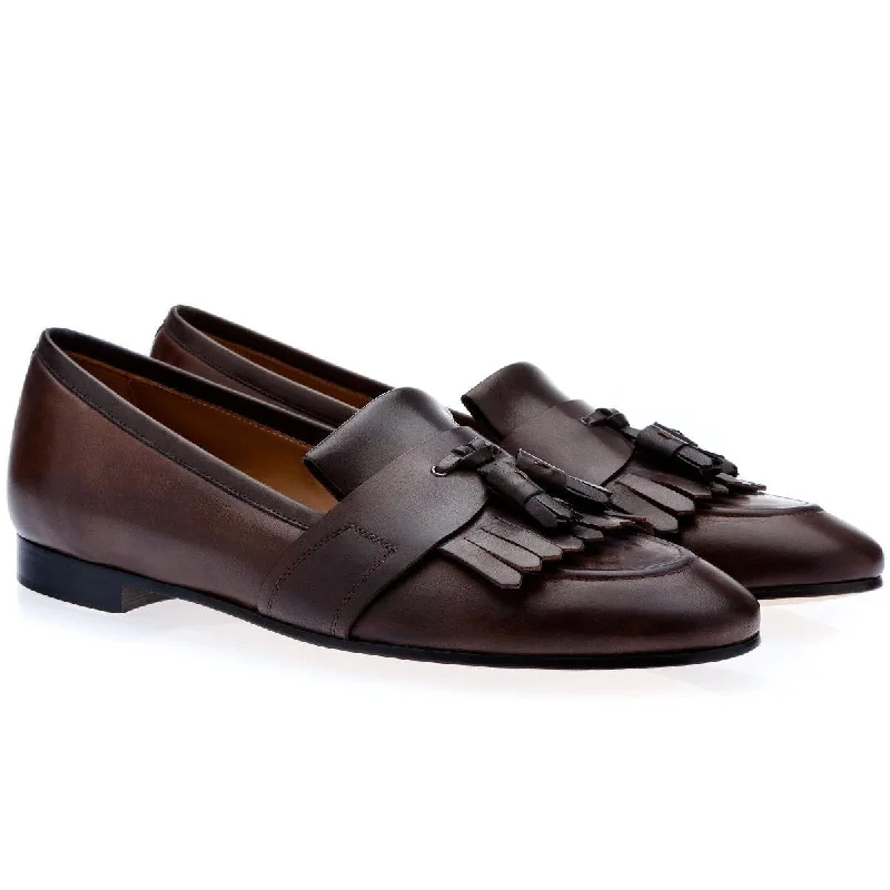 comfortable loafers for men-SUPERGLAMOUROUS Romeo Toledo Men's Shoes Cocoa Calf-Skin Leather Tassels Loafers (SPGM1052)