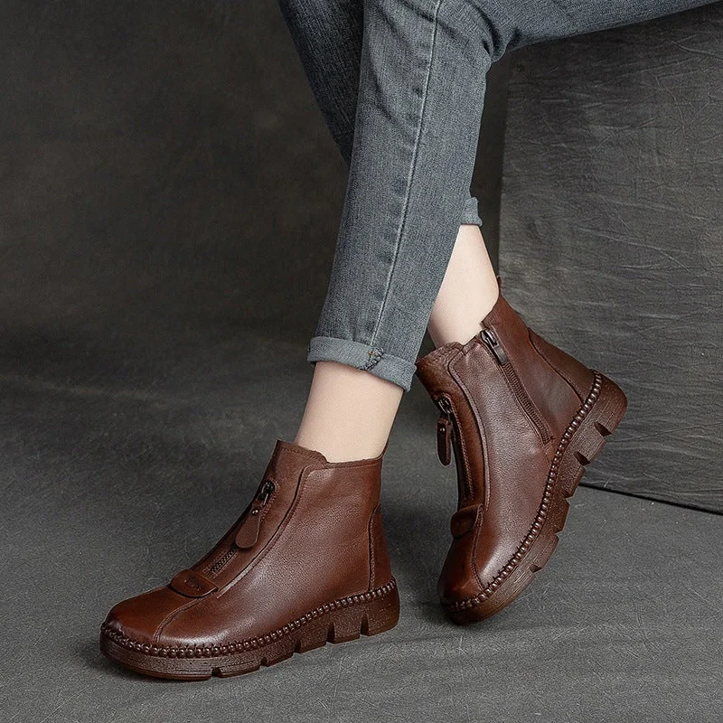 stylish ankle boots-Women Retro Leather Minimalist Flat Casual Boots