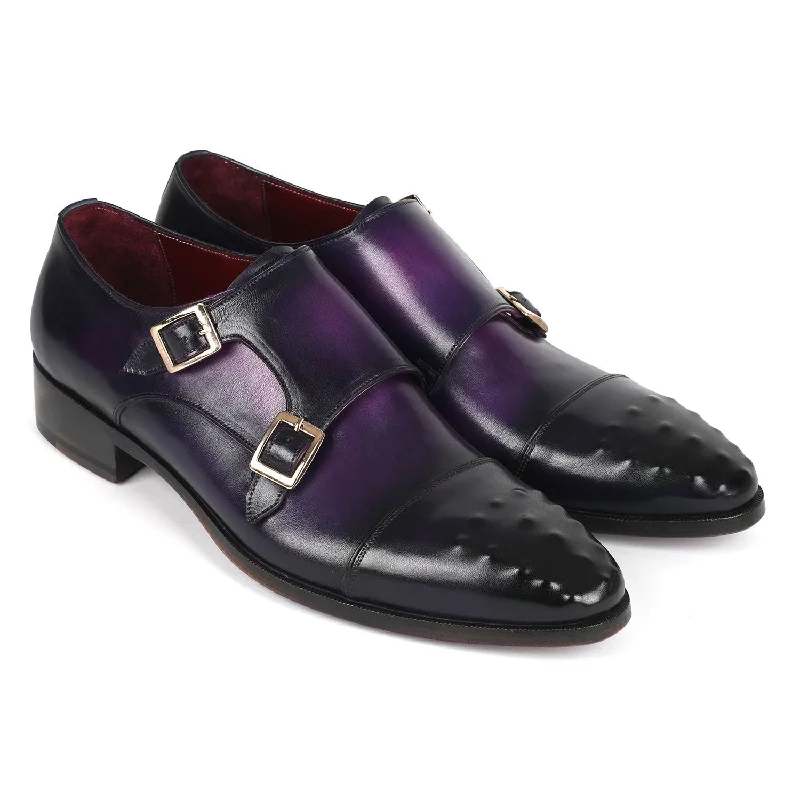 loafers for special event wear-Paul Parkman 047-PRP Men's Shoes Purple Calf-Skin Leather Studded Cap Toe Monkstraps Loafers (PM6378)