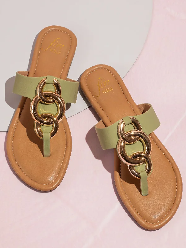 flair flats casual-Flats to wear with leggingsWomen Green And Gold-Toned T-Strap Flats With Buckles