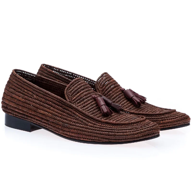 loafers for elegant dinner outings-SUPERGLAMOUROUS Melilla Rafia Men's Shoes Brown Fabric Tassel Loafers (SPGM1157)