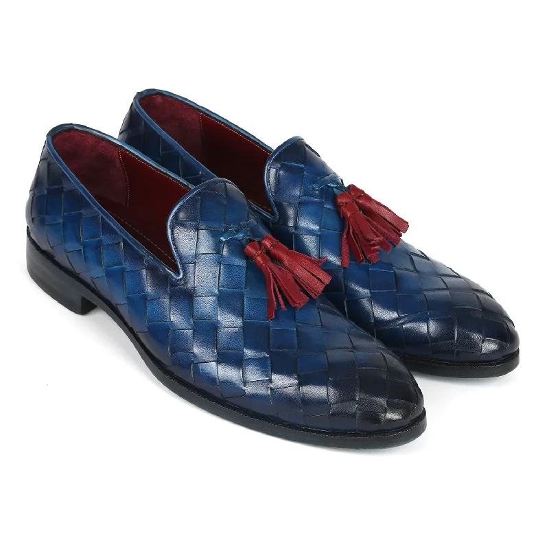 loafers for fashion-conscious workers-Paul Parkman 6623-BLU Men's Shoes Blue Big Braided Woven Leather Tassel Loafers (PM6377)