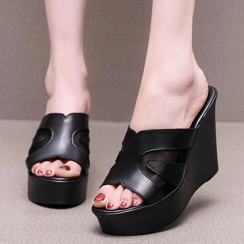 Slippers with sleek soles-Leather High Heels Slippers - Women's Casual Shoes EJ950