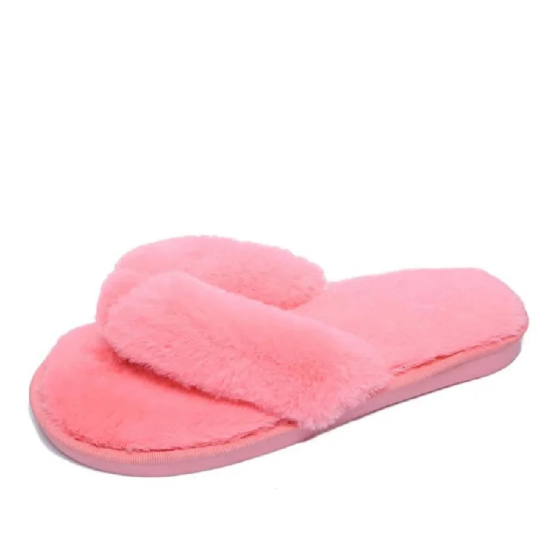 Slippers with chic soles-Winter Fashion Faux Fur Slip-On Flip Flops Slippers