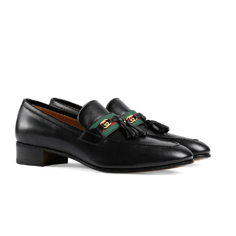 stylish loafers with leather details-Gucci 624720 1066 Men's Shoes Black Calf-Skin Leather with Web and Interlocking G Tassels Loafers (GGM1721)