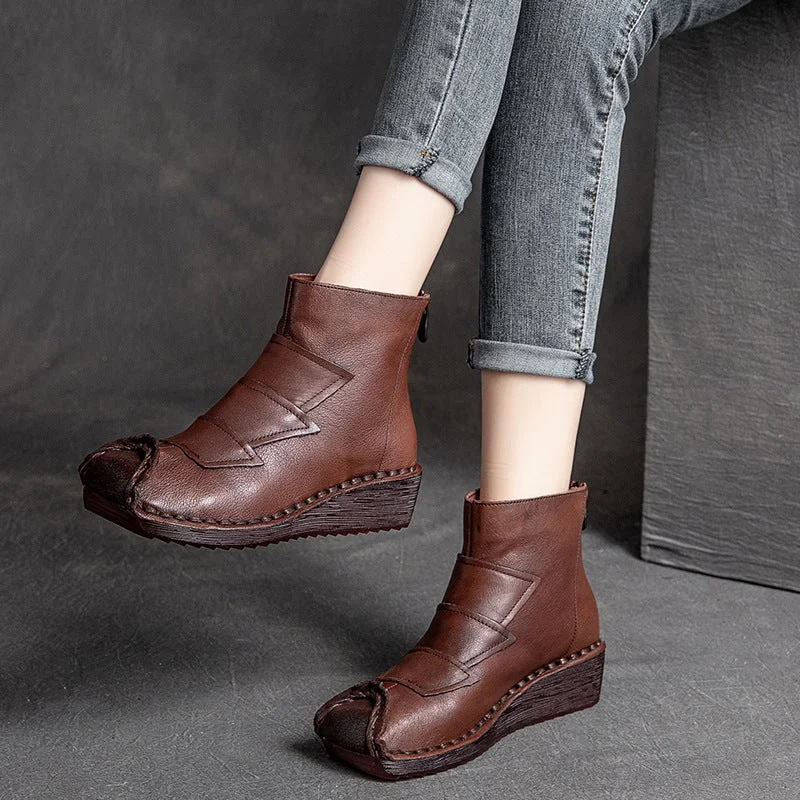 stylish boots for rainy weather-Women Retro Cowhide Low Wedge Casual Boots