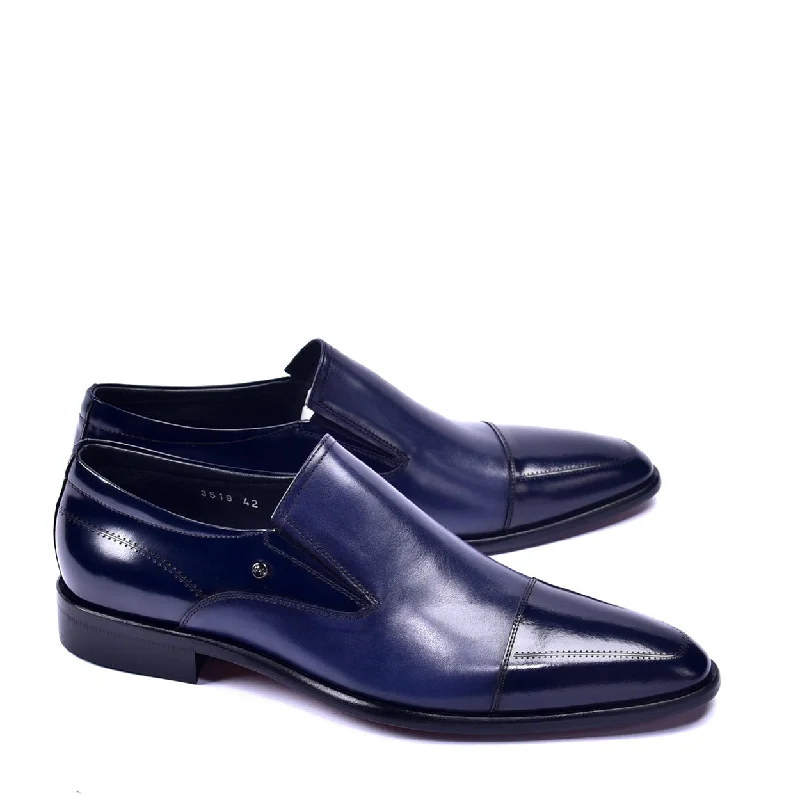 loafers with trendy suede detailing-Corrente C1401 3519 Men's Shoes Navy Calf-Skin Cap toe Leather Loafers (CRT1307)