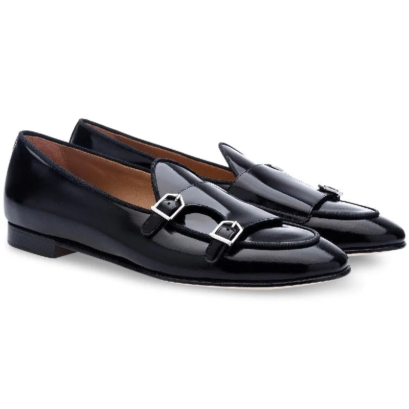 stylish loafers for everyday wear-SUPERGLAMOUROUS Tangerine 7 Men's Shoes Black Polished Leather Monk-Straps Belgian Loafers (SPGM1047)