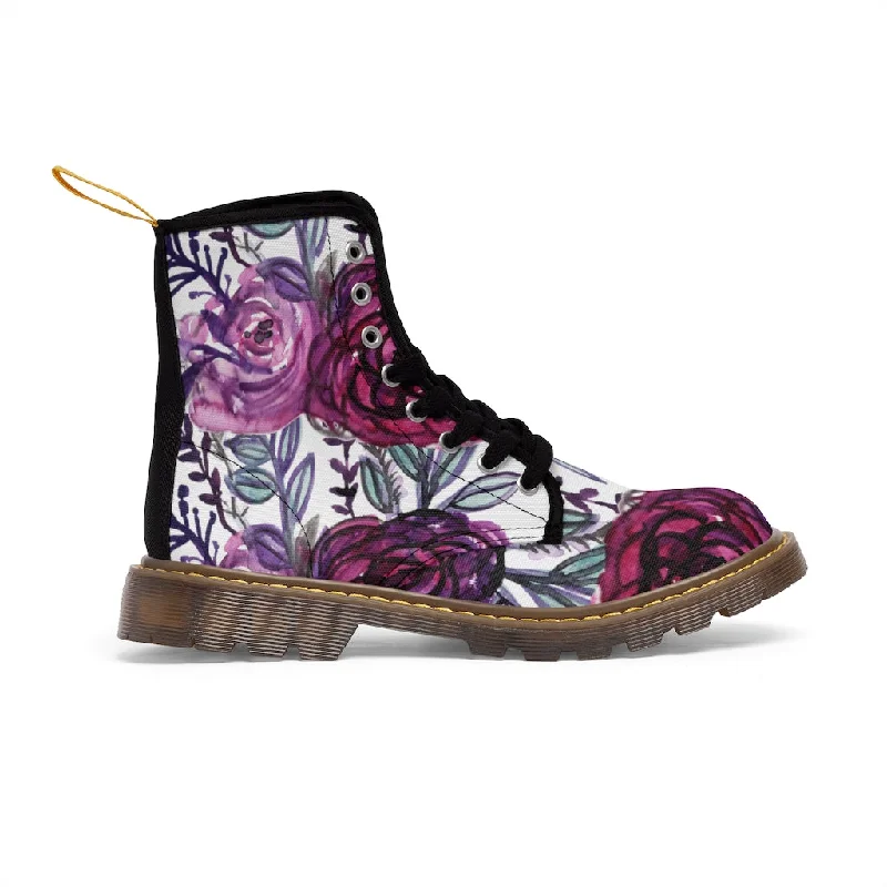 stylish rain boots for women-Purple Rose Floral Women's Boots, Flower Printed Laced-up Combat Hiking Boots For Ladies