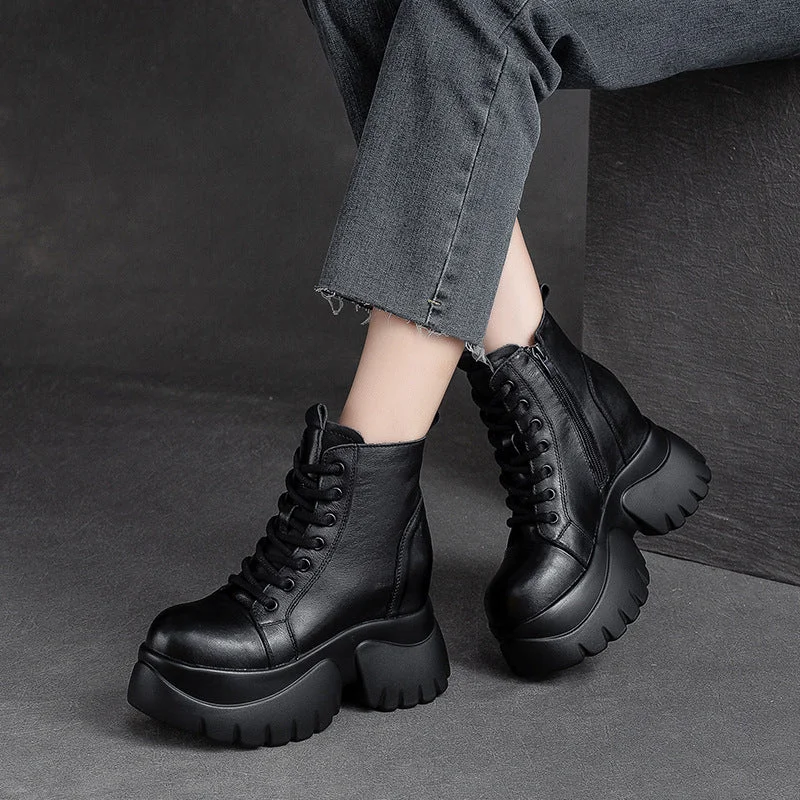 boots for slippery conditions in winter-Women Retro Leather Minimalist Chunky Platform Boots