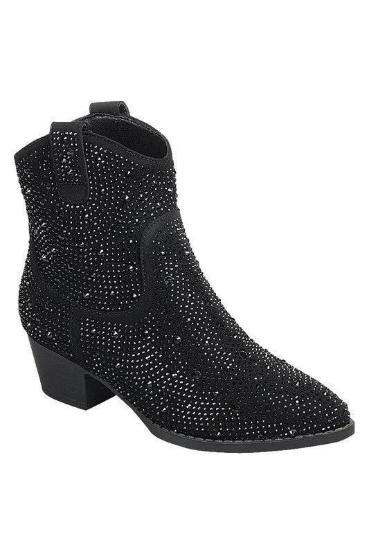 slip-resistant snow boots-Black Rhinestone Boots- Short Western