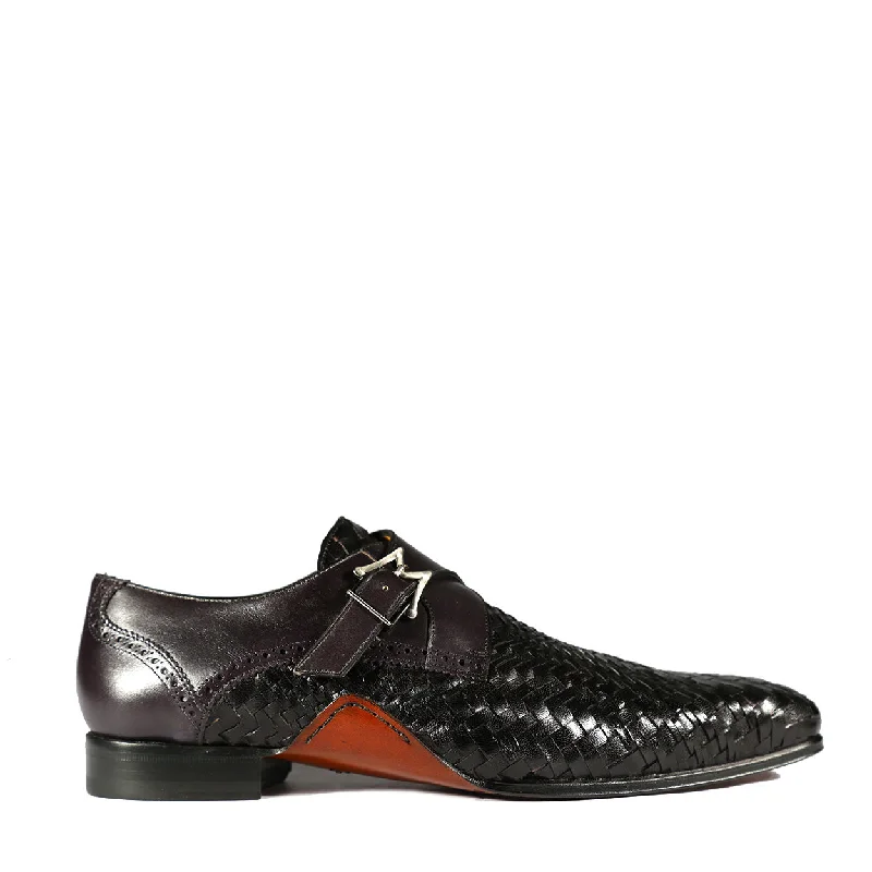 loafers with chic leather features-Mezlan S20271 Men's Shoes Black Woven / Calf-Skin Leather Dress Opanka Monk-Straps Loafers (MZS3483)